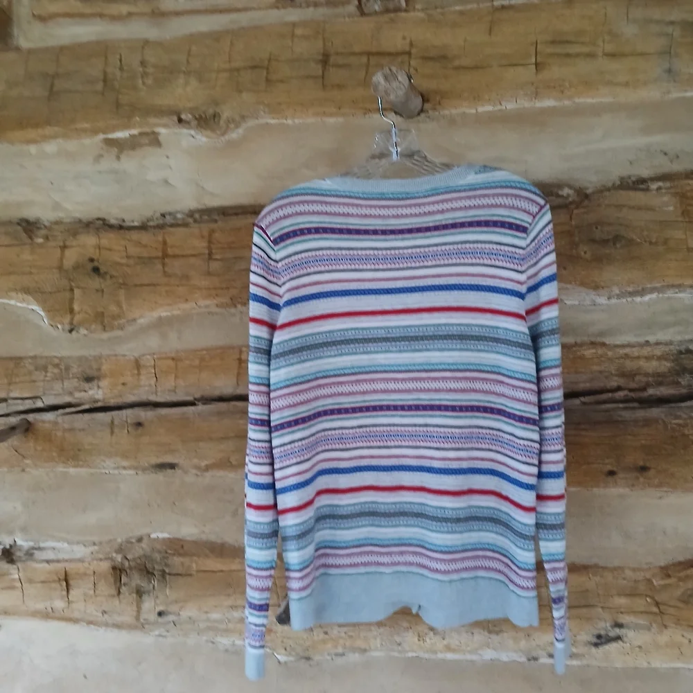Talbots Red Blue Green Striped Crew Neck Nylon Lambswool Cardigan Large